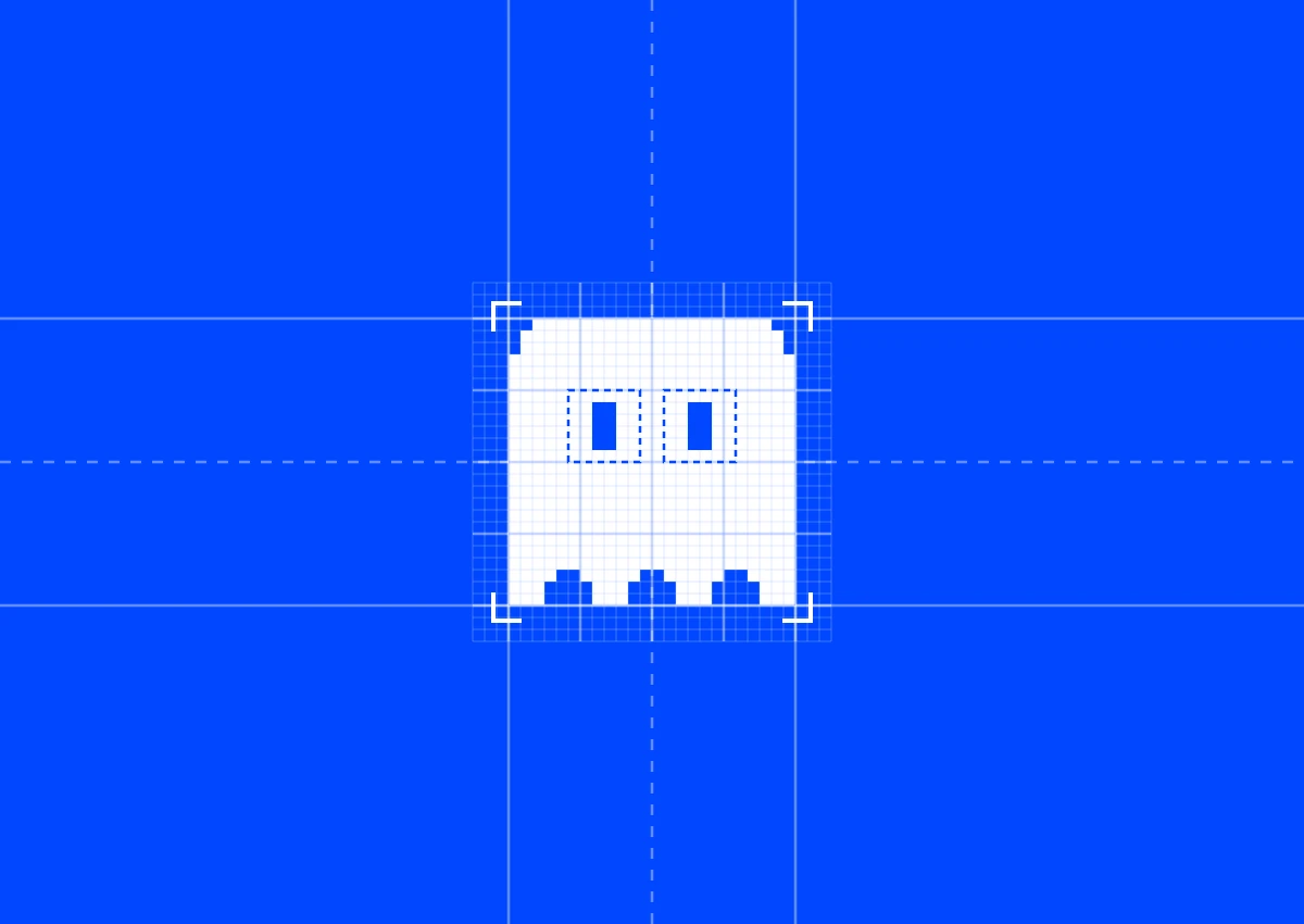 Pixel, the site's guide, drawn in white over its construction grid on the site's blue.