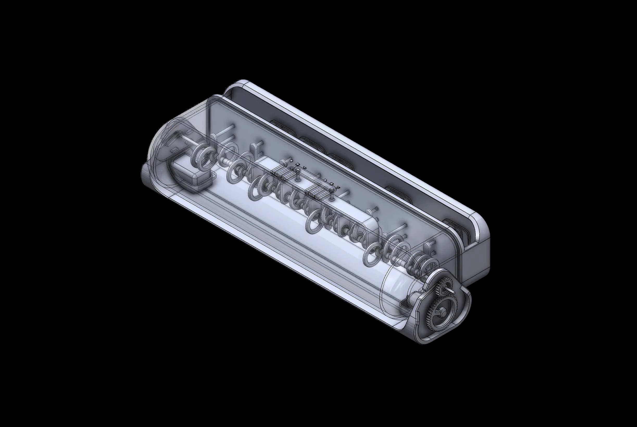 A translucent isometric render of the casing, showing the camshaft row inside.