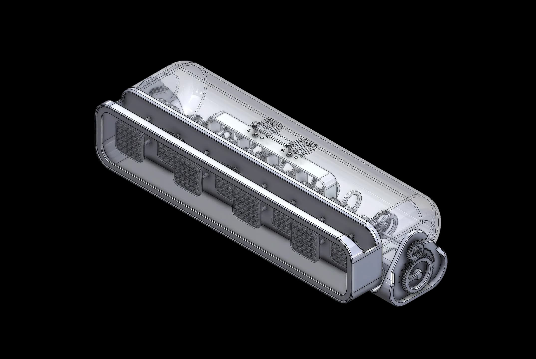 A second translucent isometric render of the casing from a lower angle.