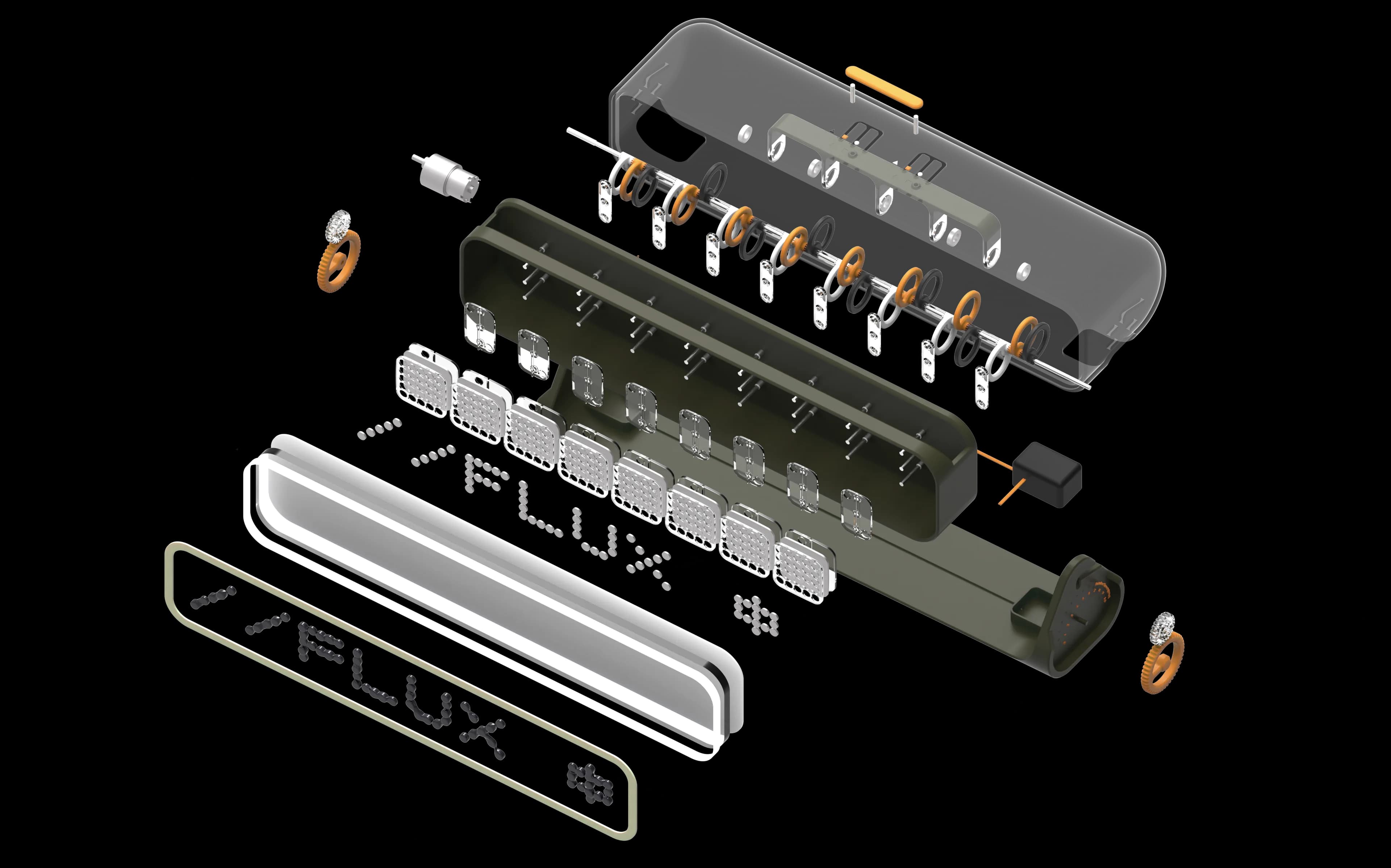 An exploded isometric render of the assembly, labelled with the multiprofile camshaft, shifter assembly, driven gear assembly, letter holder, display, ferrofluid, magnets, and speed control.