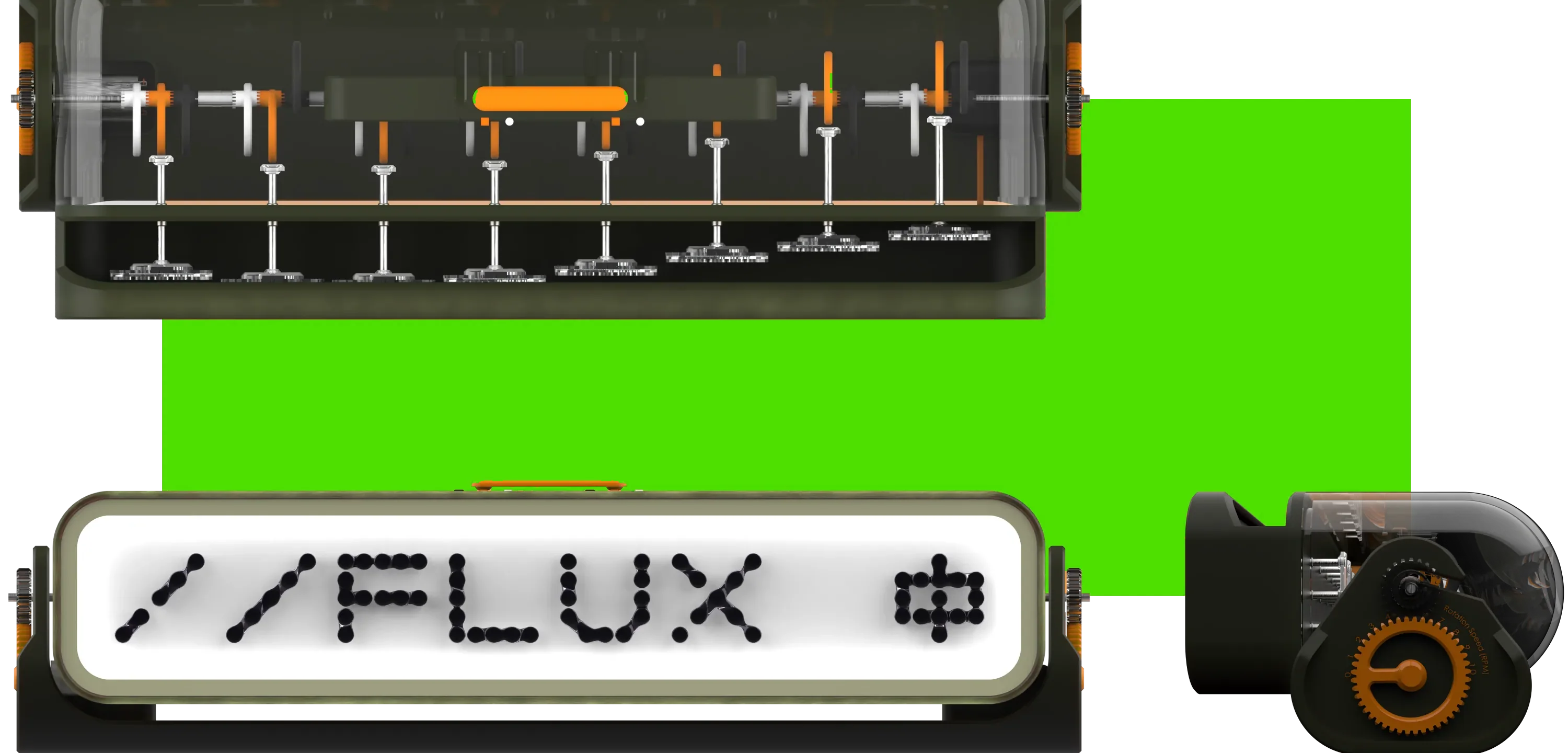 The finished Flux nameplate: an internal view of the camshaft row above, and the front elevation reading //FLUX below.