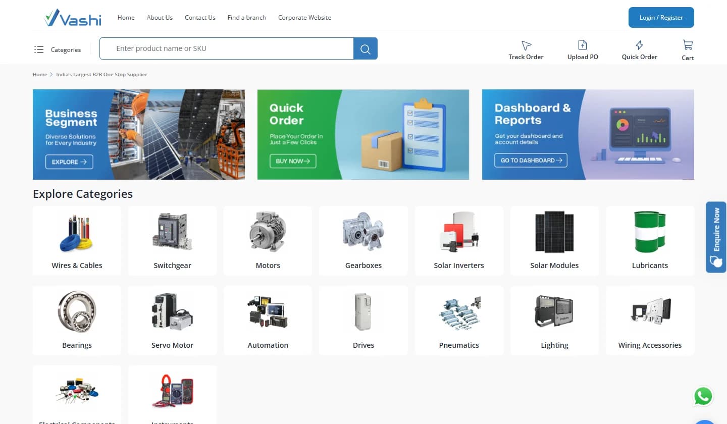 Vashi’s homepage today, first screen: a search bar reading “Enter product name or SKU”, Track Order, Upload PO, Quick Order and Cart in the header, three short banners and a grid of product categories.