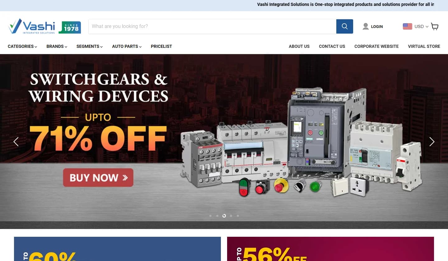 Vashi’s old homepage, first screen: a search bar reading “What are you looking for?”, login, a USD picker and a cart, one row of nine all-caps links, a large sale banner and two discount tiles.