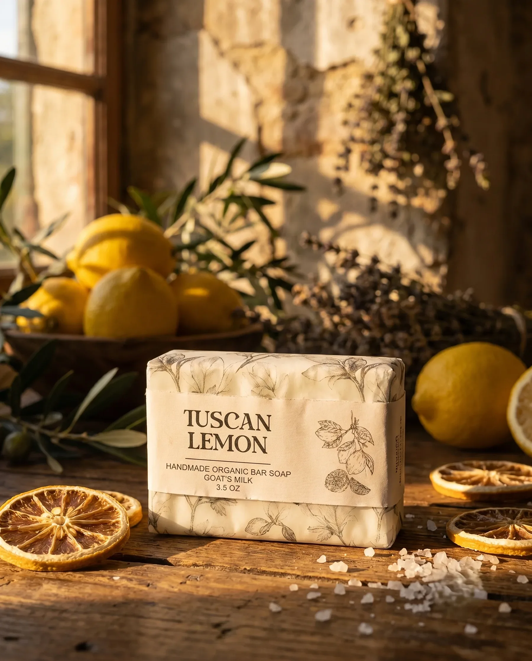 A bar of Tuscan Lemon soap in botanical paper with a serif label: handmade organic bar soap, goat's milk, 3.5 oz