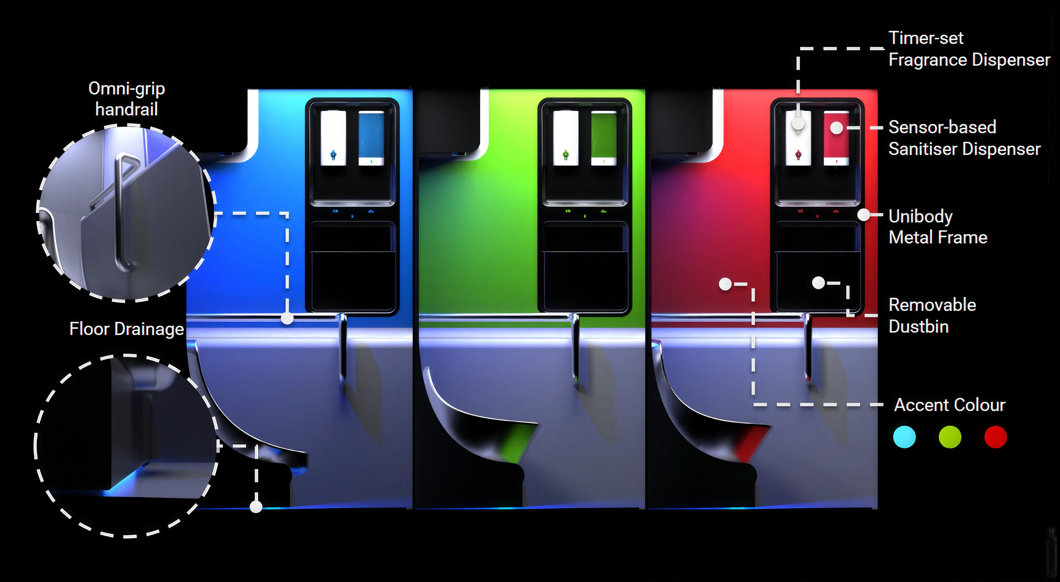Annotated breakdown, sheet 1: omni-grip handrail, floor drainage, timer-set fragrance dispenser, sensor-based sanitiser dispenser, unibody metal frame, removable dustbin, accent colour