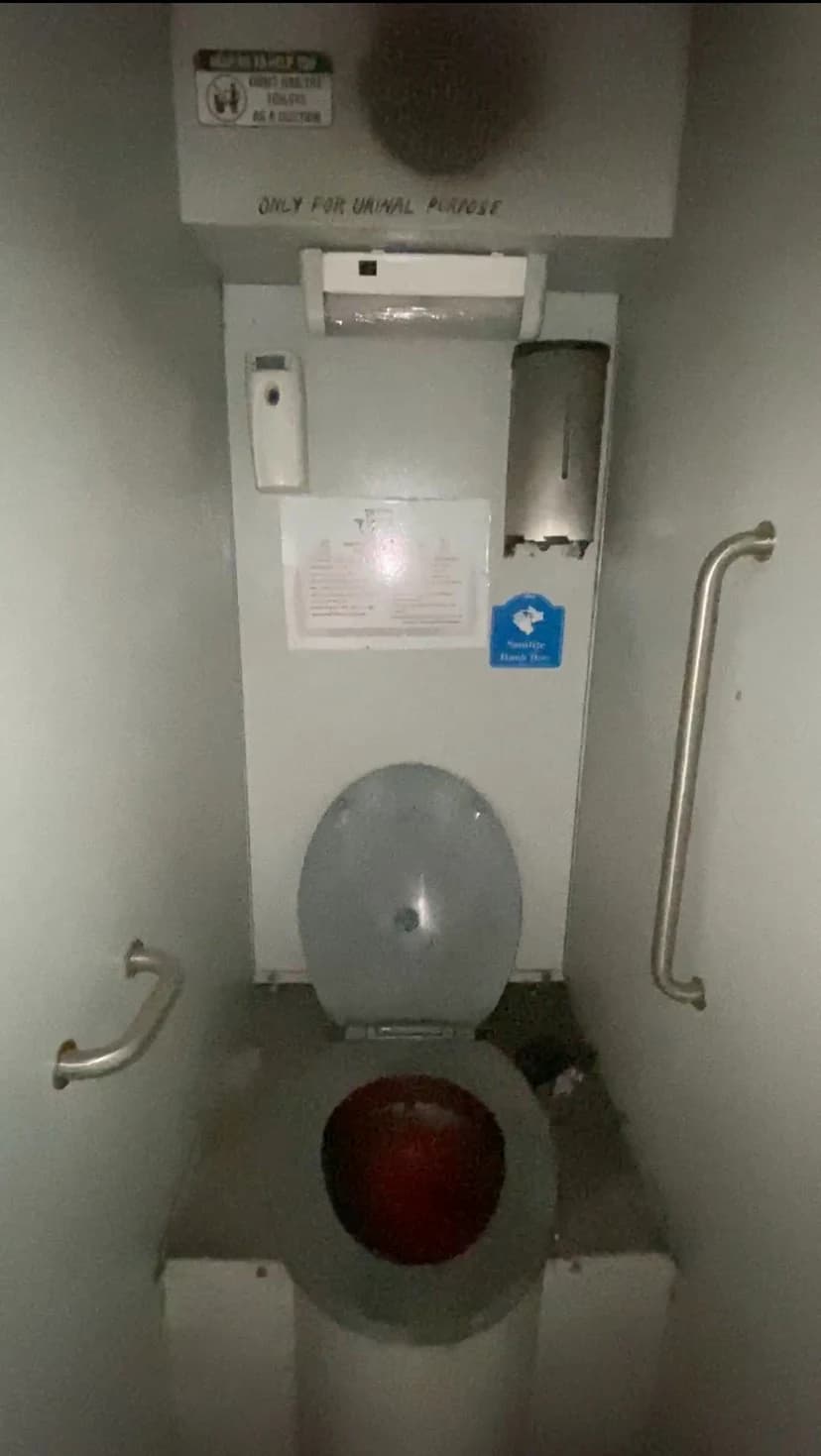 Stepping inside: the extant waterless urinal unit, cramped and dimly lit