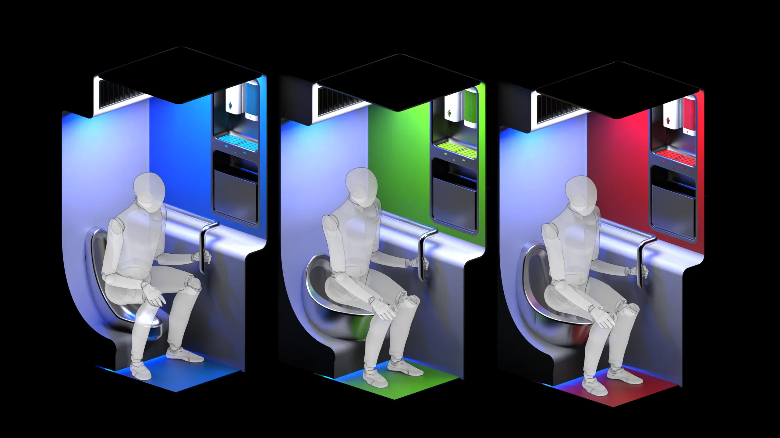 Isometric cutaway of the urinal, commode, and hybrid variants with a seated figure in each, lit blue, green, and red
