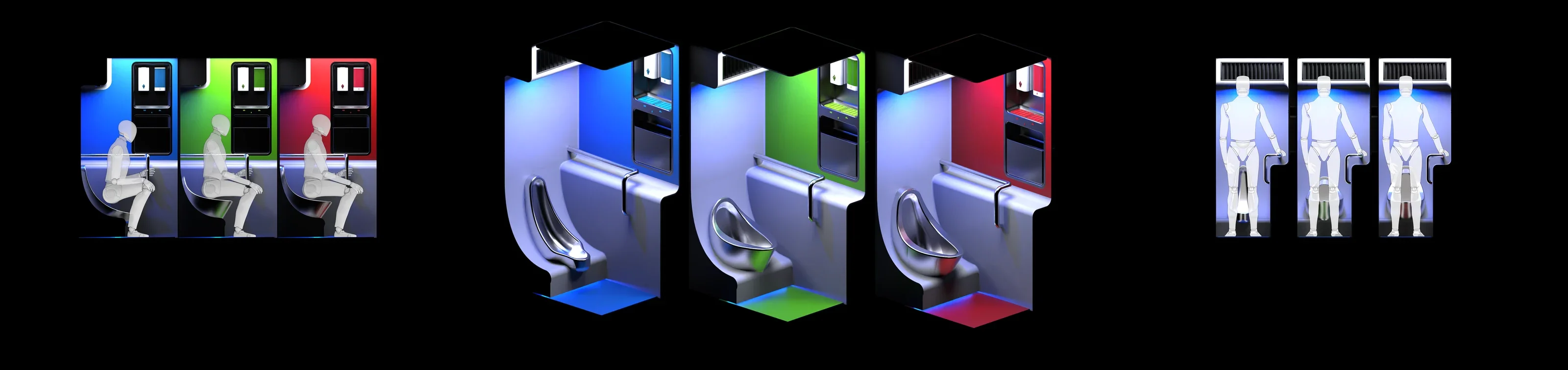 Final render of the urinal, commode, and hybrid variants, lit blue, green, and red: seated side profiles, an isometric cutaway of each, and standing front views