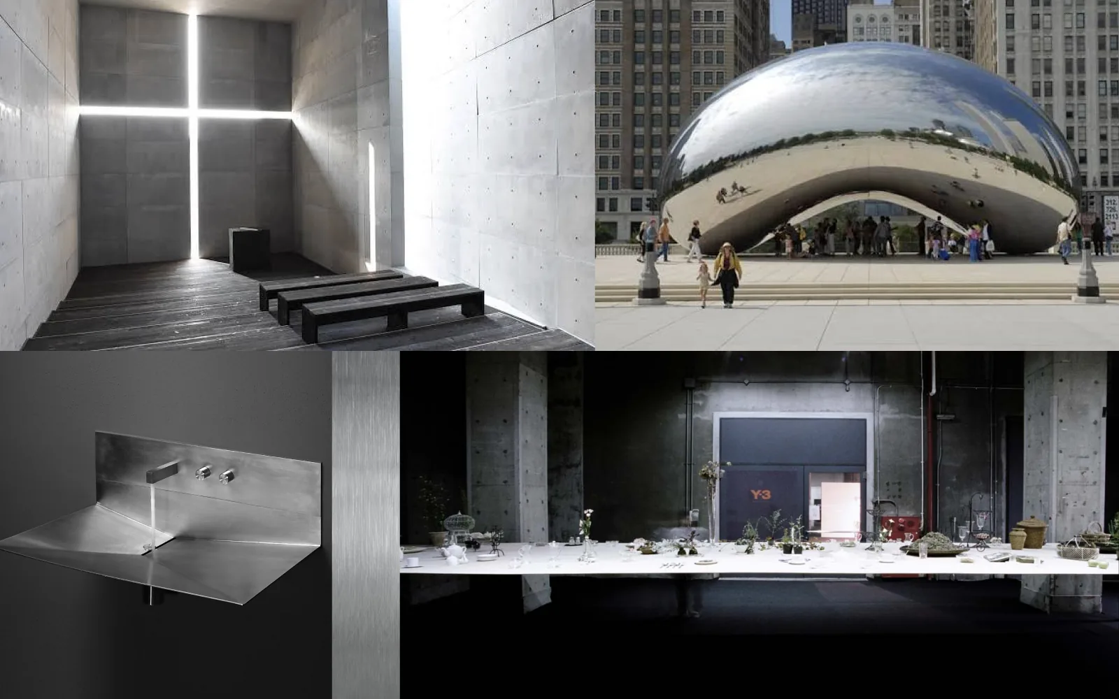 Moodboard of a concrete chapel lit by a cross of light, the Chicago Bean, a folded stainless steel sink, and a dark table setting